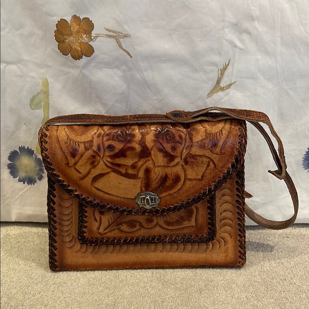 Vintage Mexican Leather Handbag with Floral Design